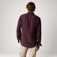 Massimo Alba Canary linen shirt in grape, a deep plum, with a soft spread collar and mother-of-pearl buttons - back view