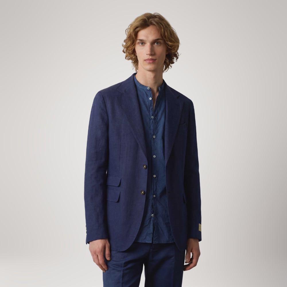 Massimo Alba CATCH2 single-breasted jacket in midnight blue heavy linen, with notch lapels, flap pockets, a ticket pocket and horn buttons - front view