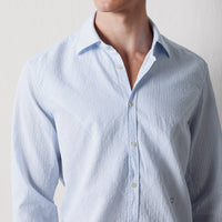 Massimo Alba Genova striped cotton shirt in sky blue with fine white stripes and a pointed collar - collar detail
