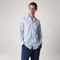 Massimo Alba Genova striped cotton shirt in sky blue with fine white stripes and a pointed collar - front view