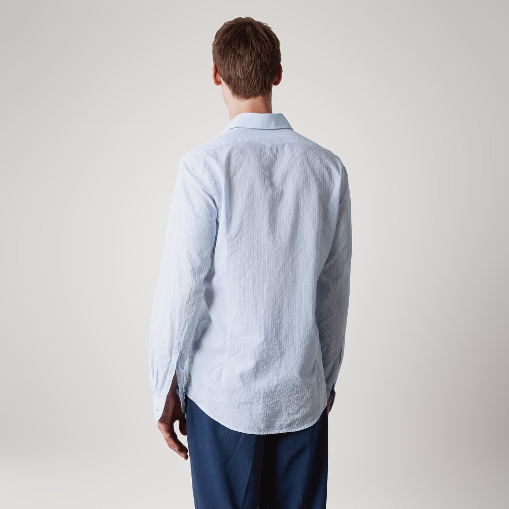 Massimo Alba Genova striped cotton shirt in sky blue with fine white stripes and a pointed collar - back view