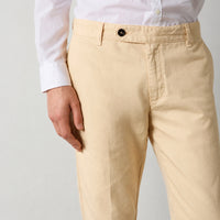 Massimo Alba Winch2 slim-fit trousers in champagne cotton-linen panama with a flat front, close-up detail view of waistband