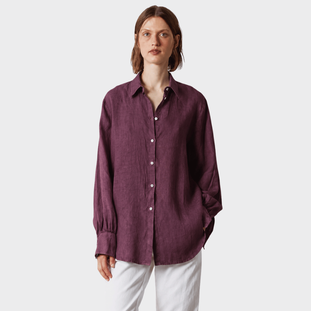 Massimo Alba ANNA Linen Shirt with Puffed Cuffs in Grape – front view
