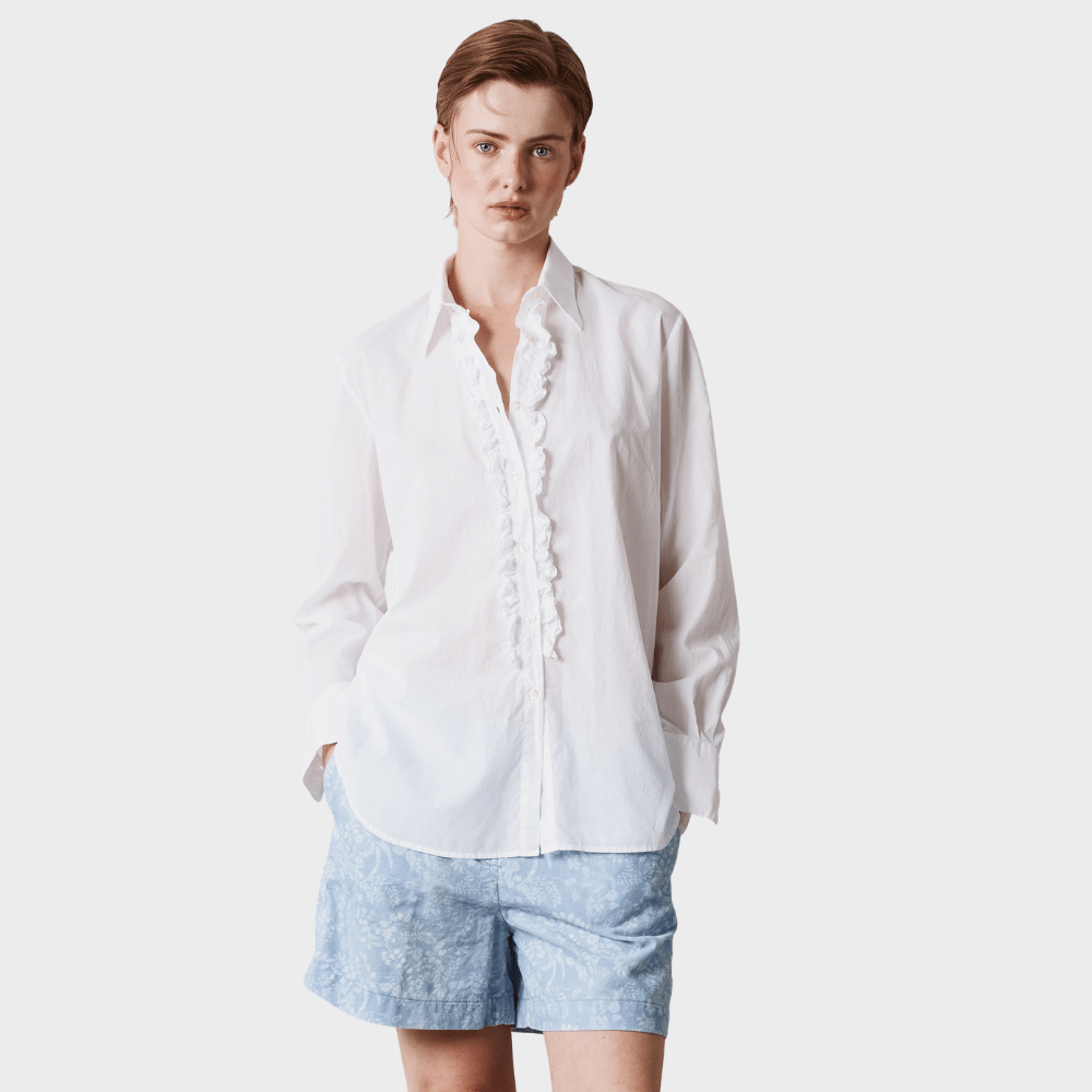 Massimo Alba CHARLIZE Ruffle Trim Cotton Shirt in White - front view