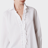 Massimo Alba CHARLIZE Ruffle Trim Cotton Shirt in White - close up neckline view