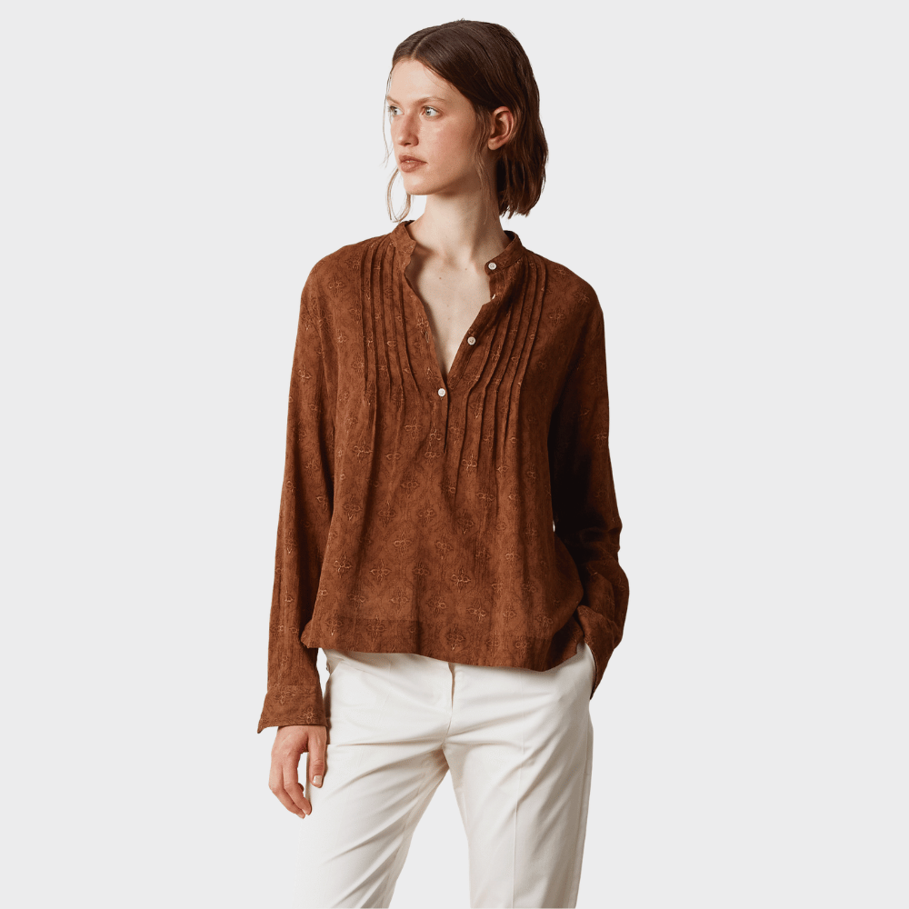 Massimo Alba DANA Crepon Cotton Pleated Shirt in Brown