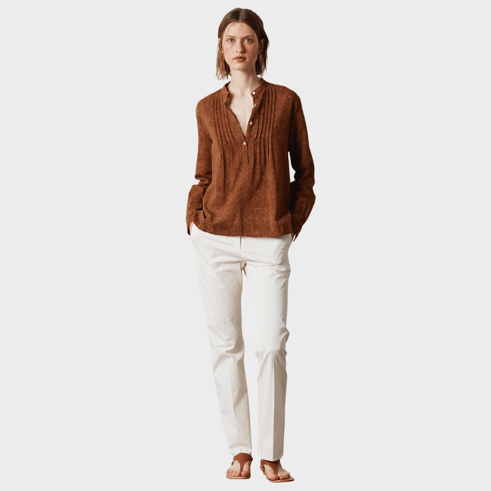 Massimo Alba DANA Crepon Cotton Pleated Shirt in Brown