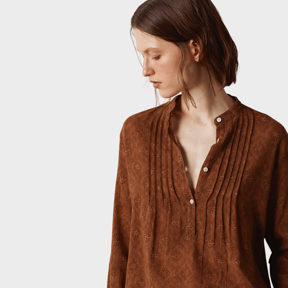 Massimo Alba DANA Crepon Cotton Pleated Shirt in Brown