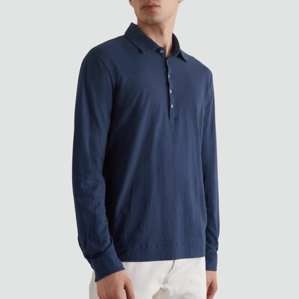 Massimo Alba Menswear Ischia Cotton Jersey Long-Sleeve Polo Shirt in Dark Blue MASSIMO ALBA ITALIAN MENSWEAR shop at Riada Concept Luxury International Designer Boutique in store and online Sydney