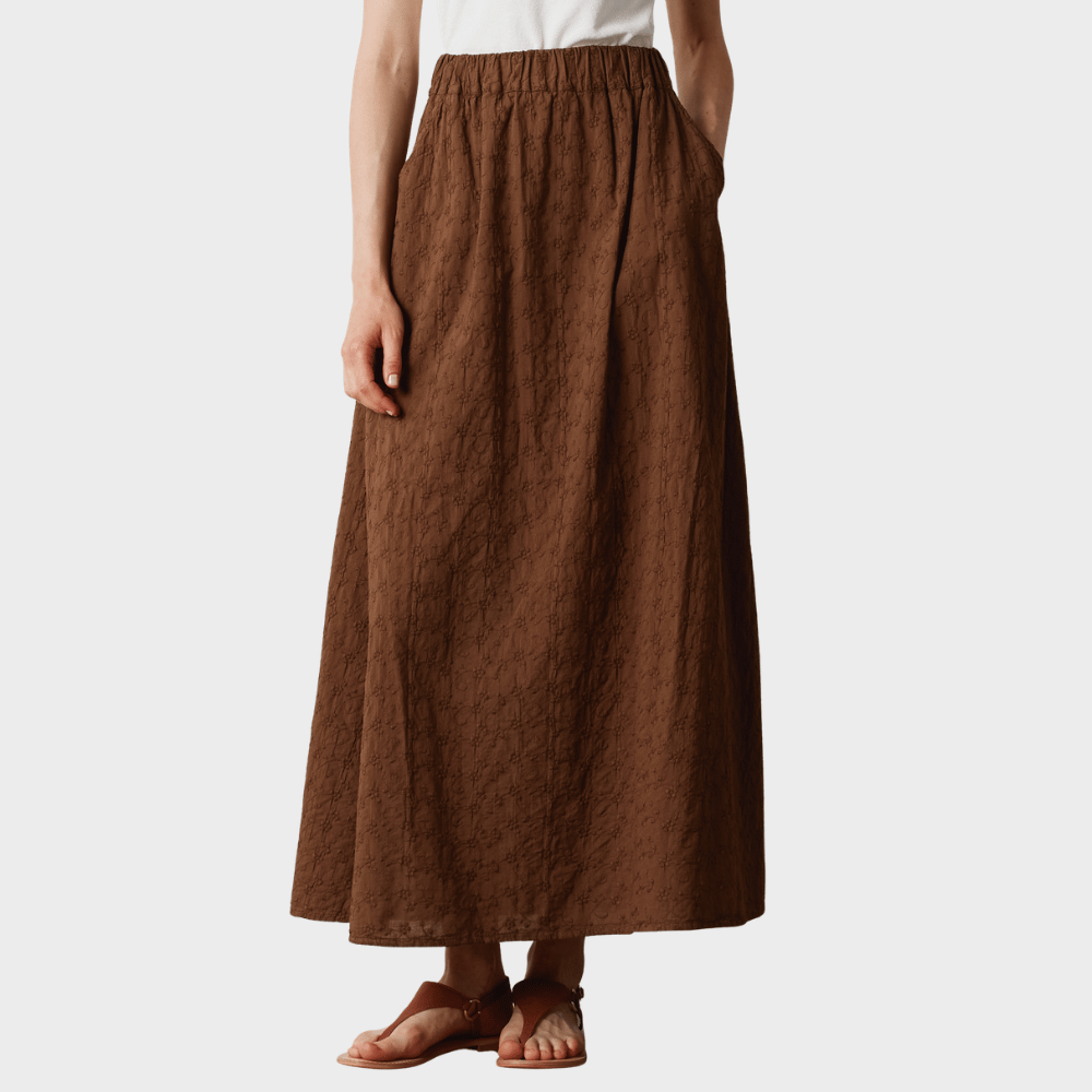 Massimo Alba MELISSA Floral Embroidered Cotton Long Skirt in Wood – full-length front view