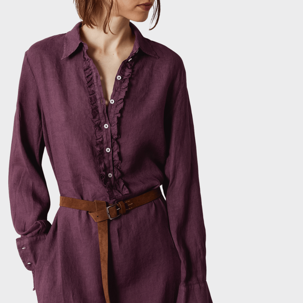 Massimo Alba NELL Ruffled Linen Shirt Dress in Grape – ruffle placket detail