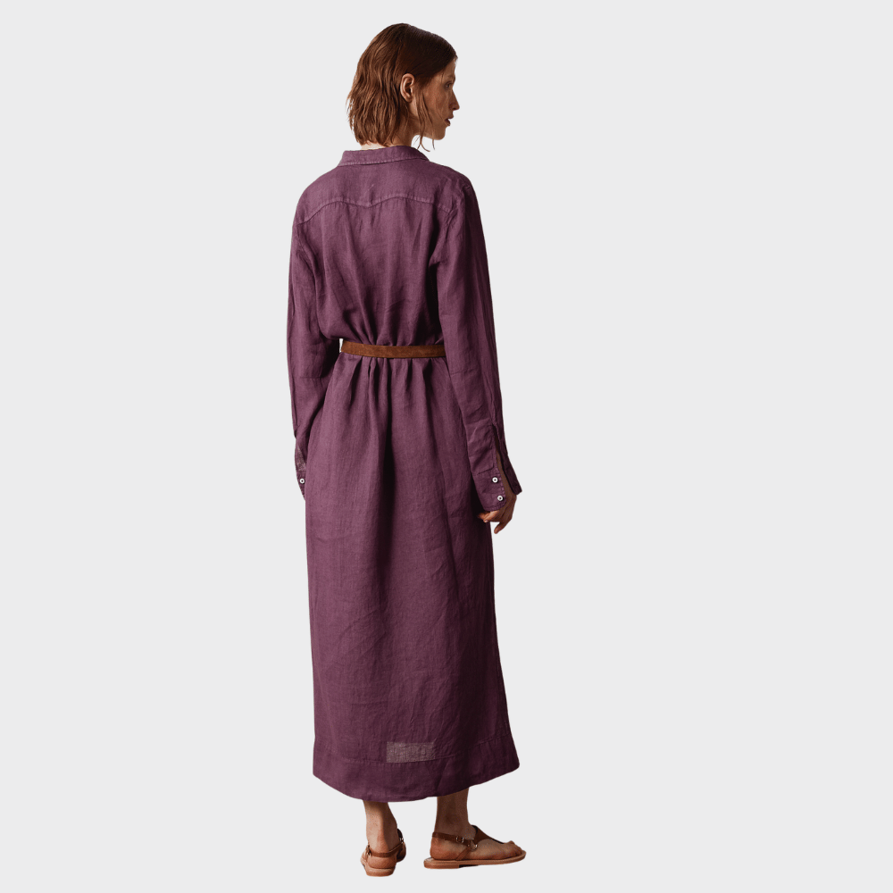 Massimo Alba NELL Ruffled Linen Shirt Dress in Grape – full-length back view