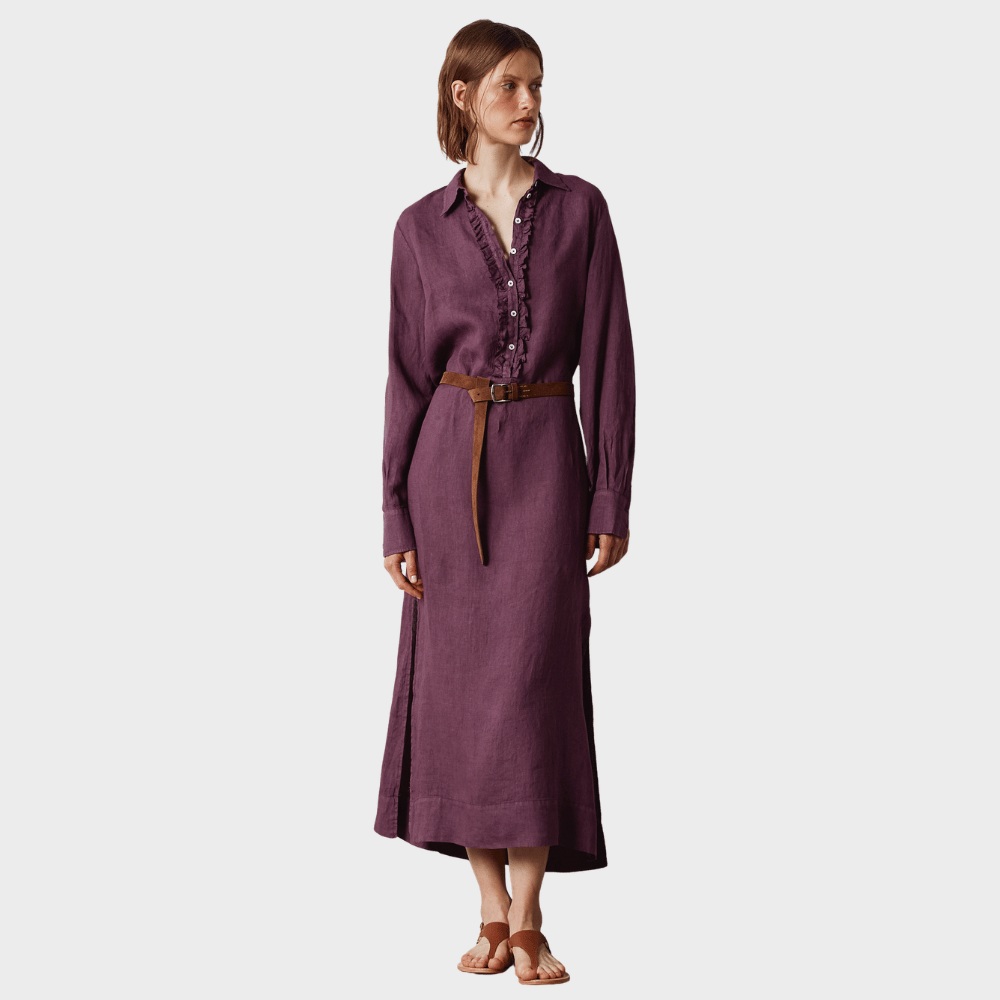 Massimo Alba NELL Ruffled Linen Shirt Dress in Grape – full-length front view
