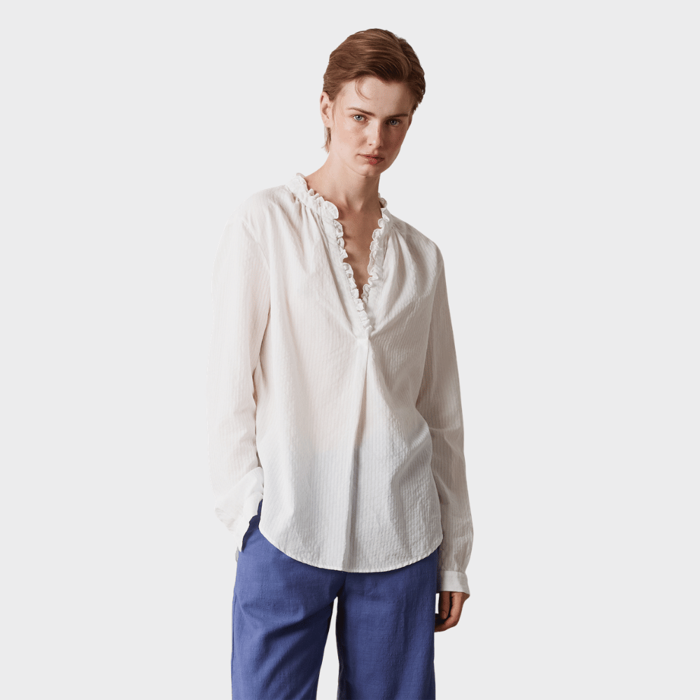 Massimo Alba PAMELA Gathered Jacquard Cotton Blouse in White - front view