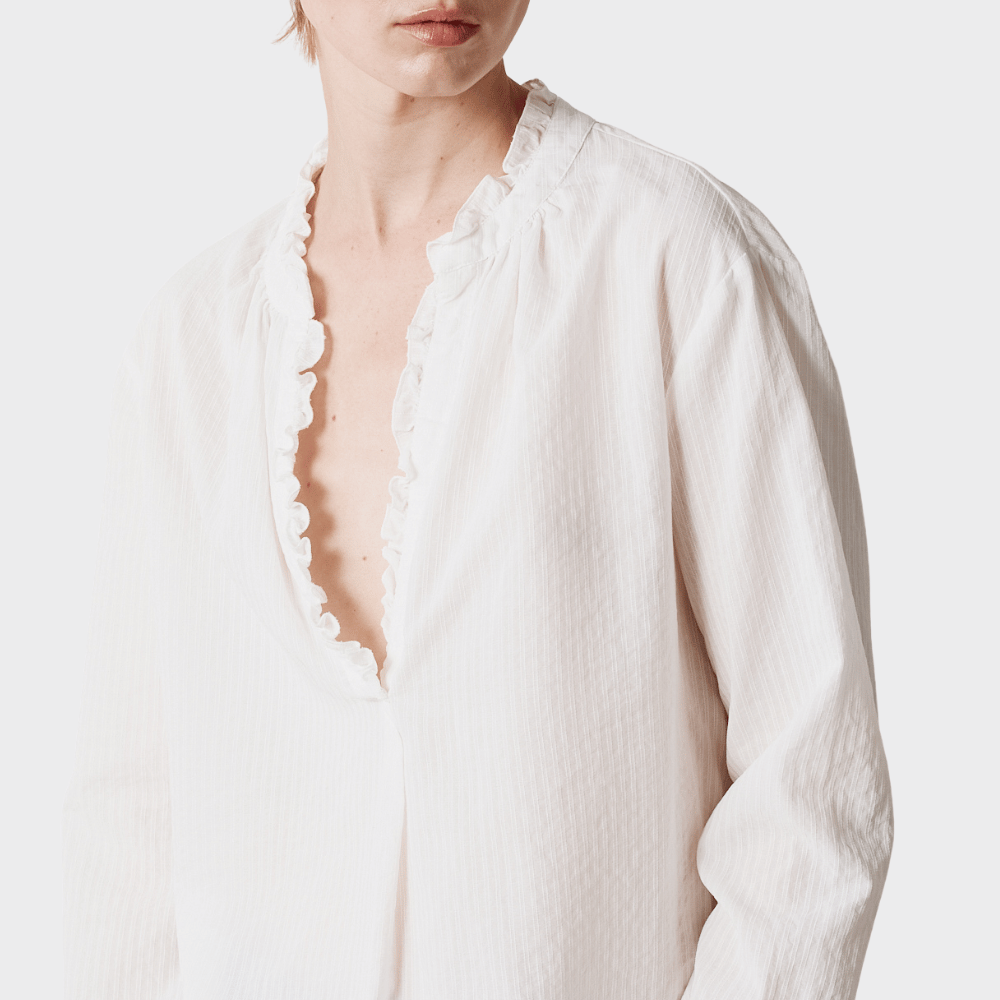 Massimo Alba PAMELA Gathered Jacquard Cotton Blouse in White - close up neckline view