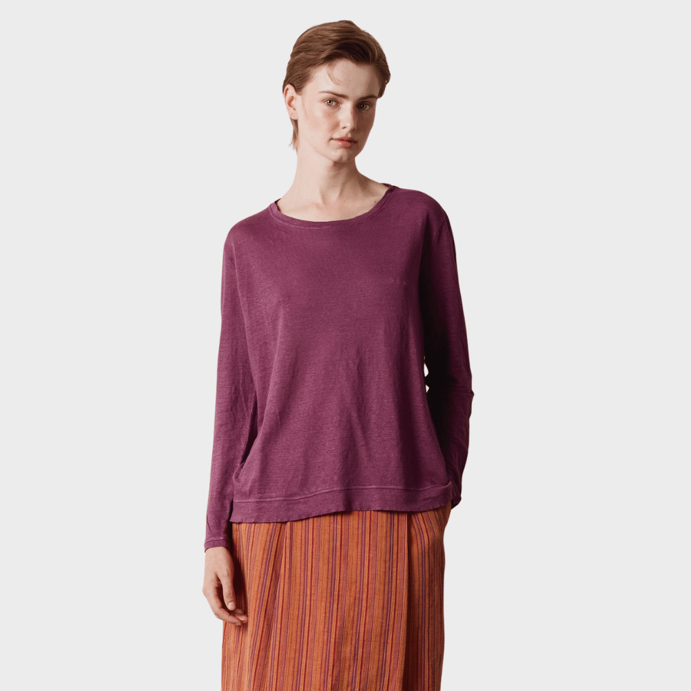 Massimo Alba TENERIFE Linen Cotton Jersey Long Sleeve T-Shirt in Grape - front view