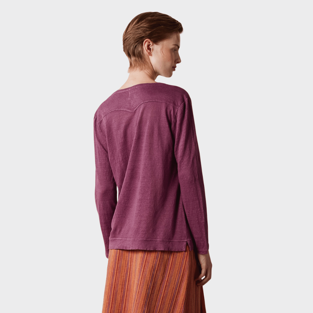 Massimo Alba TENERIFE Linen Cotton Jersey Long Sleeve T-Shirt in Grape - back view