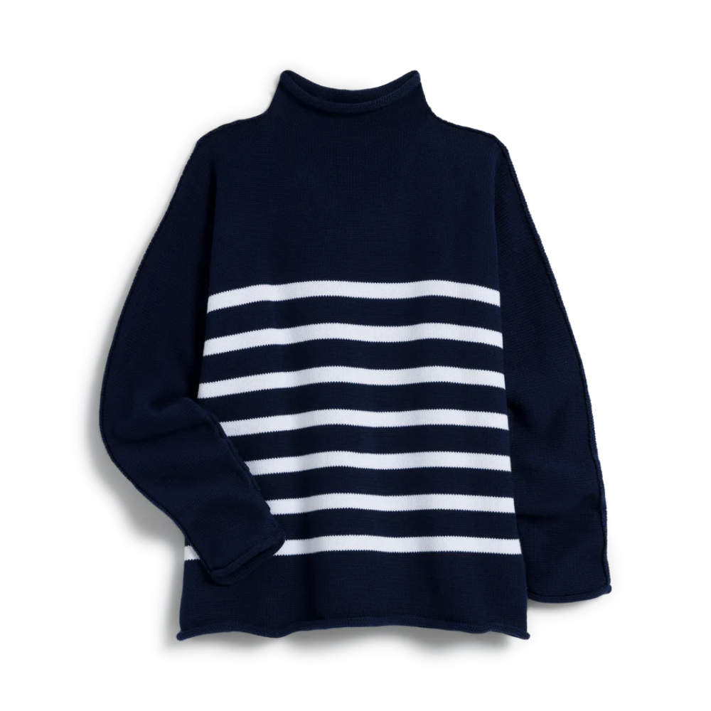 Monterey Rolled Funnel Neck Sweater in Marine with White Stripe