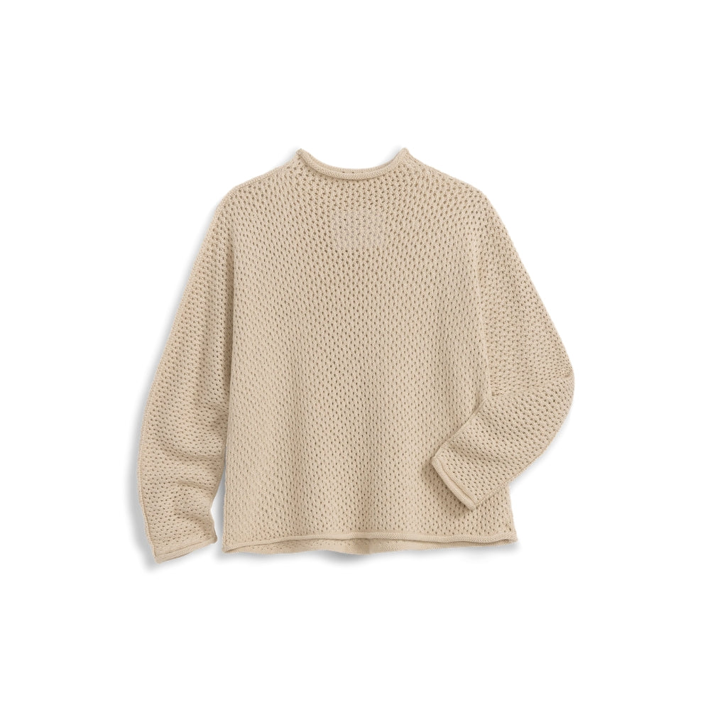 Frank & Eileen Monterey Pointelle rolled funnel neck sweater in sand cotton pointelle knit