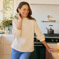Frank & Eileen Monterey Pointelle rolled funnel neck sweater in sand cotton pointelle knit, front view
