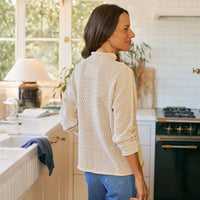 Frank & Eileen Monterey Pointelle rolled funnel neck sweater in sand cotton pointelle knit, back view