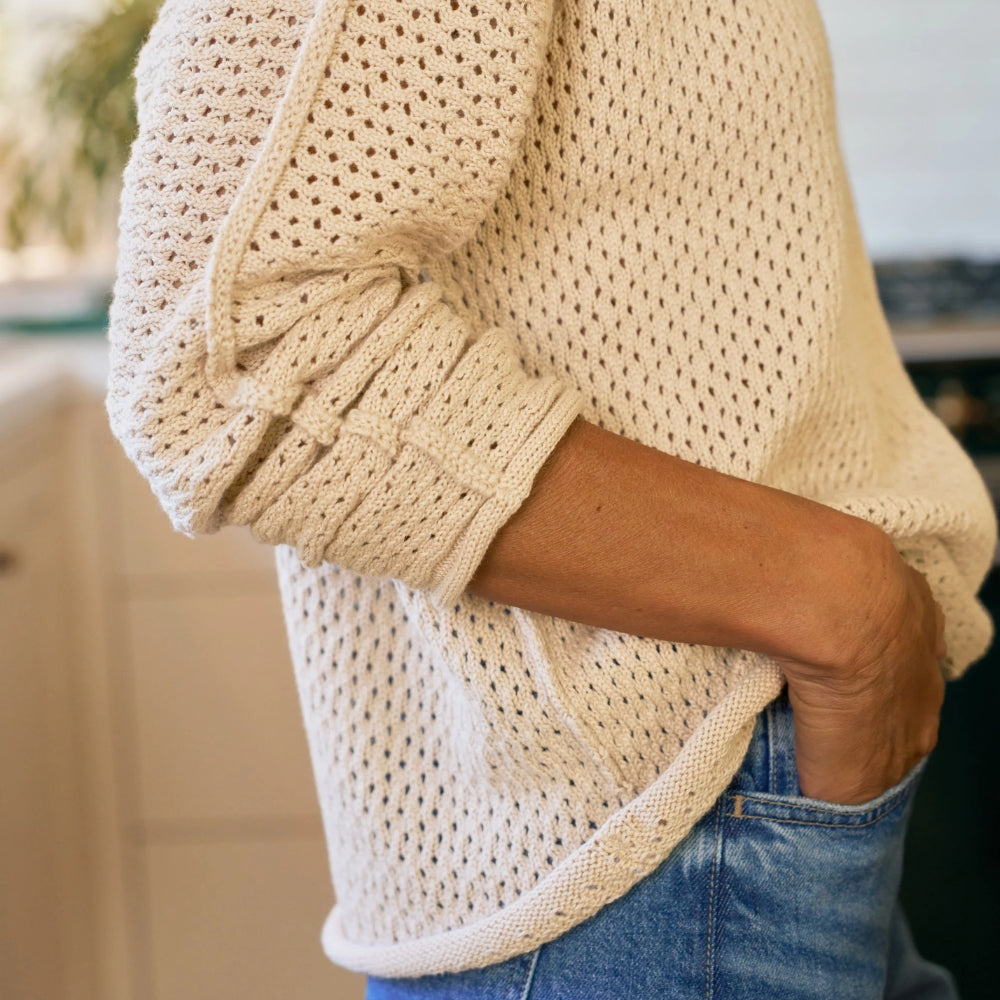 Frank & Eileen Monterey Pointelle rolled funnel neck sweater in sand cotton pointelle knit, detail view