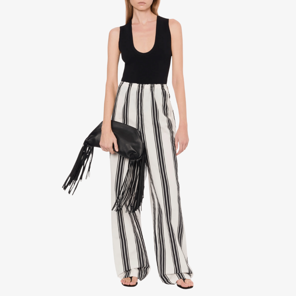 Philosophy di Lorenzo Serafini Nylon Striped Pants in Ivory and Black Stripe, international luxury fashion brands available at Riada Concept Woollahra, Sydney Australia and online