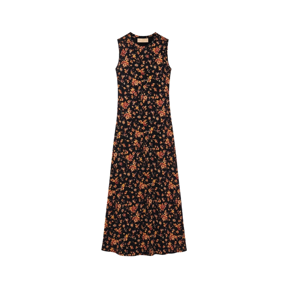 Riada Concept Ulla Johnson Orla sleeveless jersey dress in a black floral print, sculpted at the waist with a relaxed skirt.