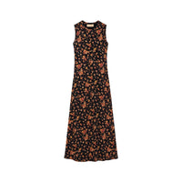 Riada Concept Ulla Johnson Orla sleeveless jersey dress in a black floral print, sculpted at the waist with a relaxed skirt.