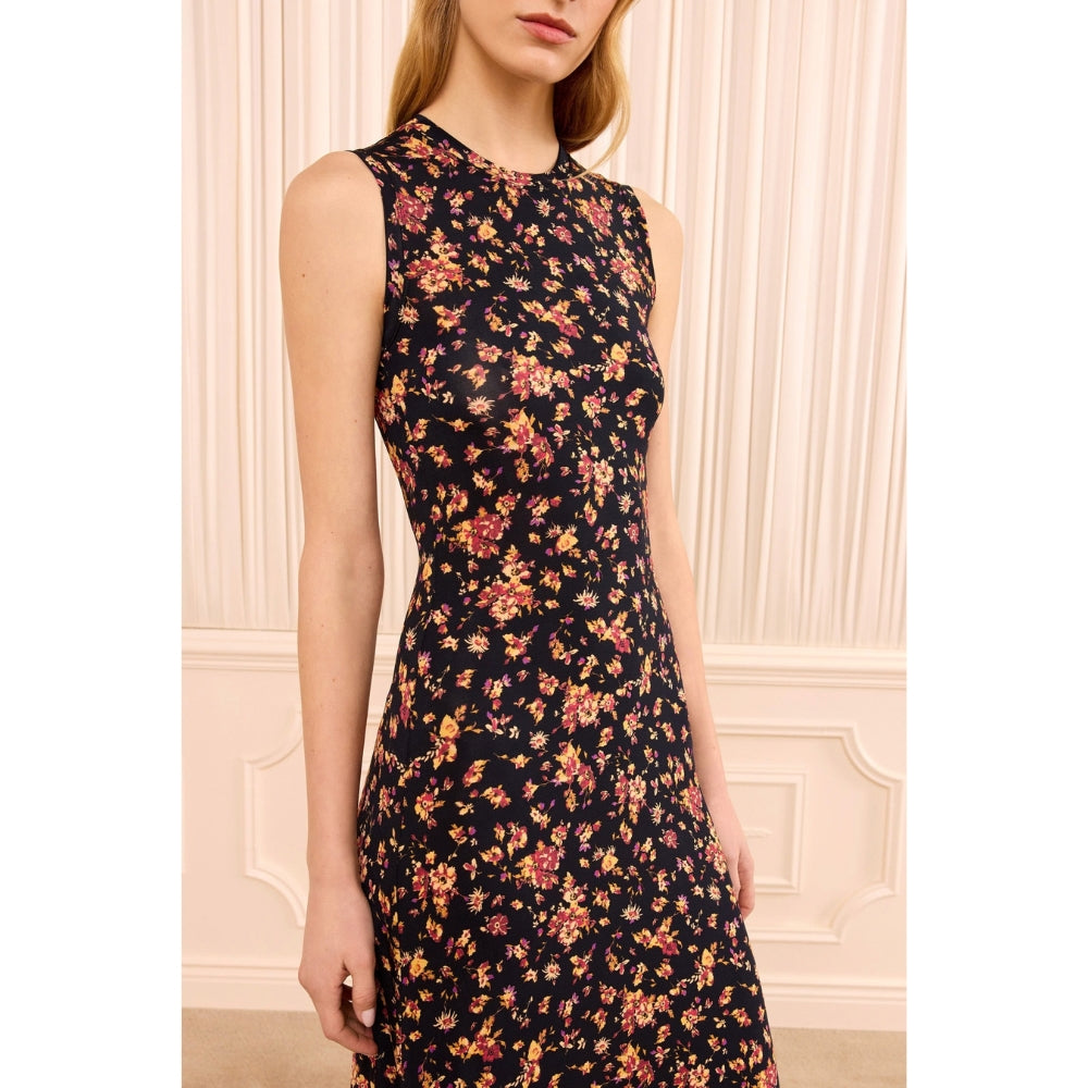 Riada Concept Ulla Johnson Orla sleeveless jersey dress in a black floral print, sculpted at the waist with a relaxed skirt - closeup