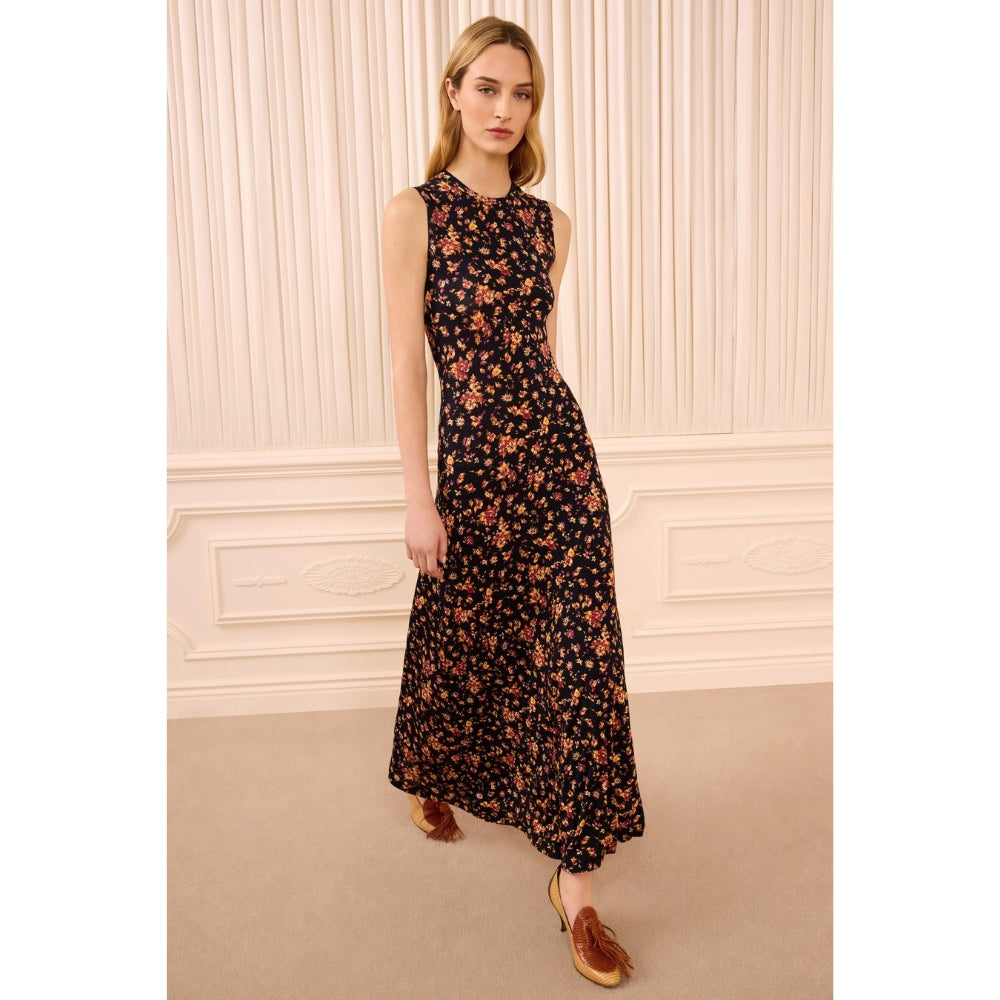 Riada Concept Ulla Johnson Orla sleeveless jersey dress in a black floral print, sculpted at the waist with a relaxed skirt - front model view