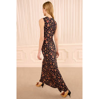 Riada Concept Ulla Johnson Orla sleeveless jersey dress in a black floral print, sculpted at the waist with a relaxed skirt - back model view