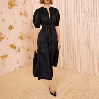 Ulla Johnson Othella Short Sleeve Midi Dress in Noir – luxury black cotton midi dress with puffed sleeves, Available instore and online at Riada Concept, Woollahra Sydney’s destination for a curated selection of international luxury brands