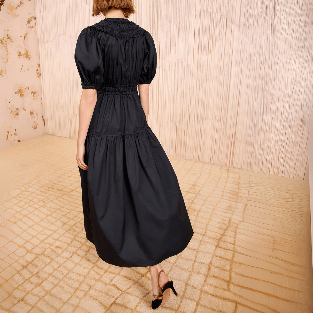 Ulla Johnson Othella Short Sleeve Midi Dress in Noir – luxury black cotton midi dress with puffed sleeves, Available instore and online at Riada Concept, Woollahra Sydney’s destination for a curated selection of international luxury brands