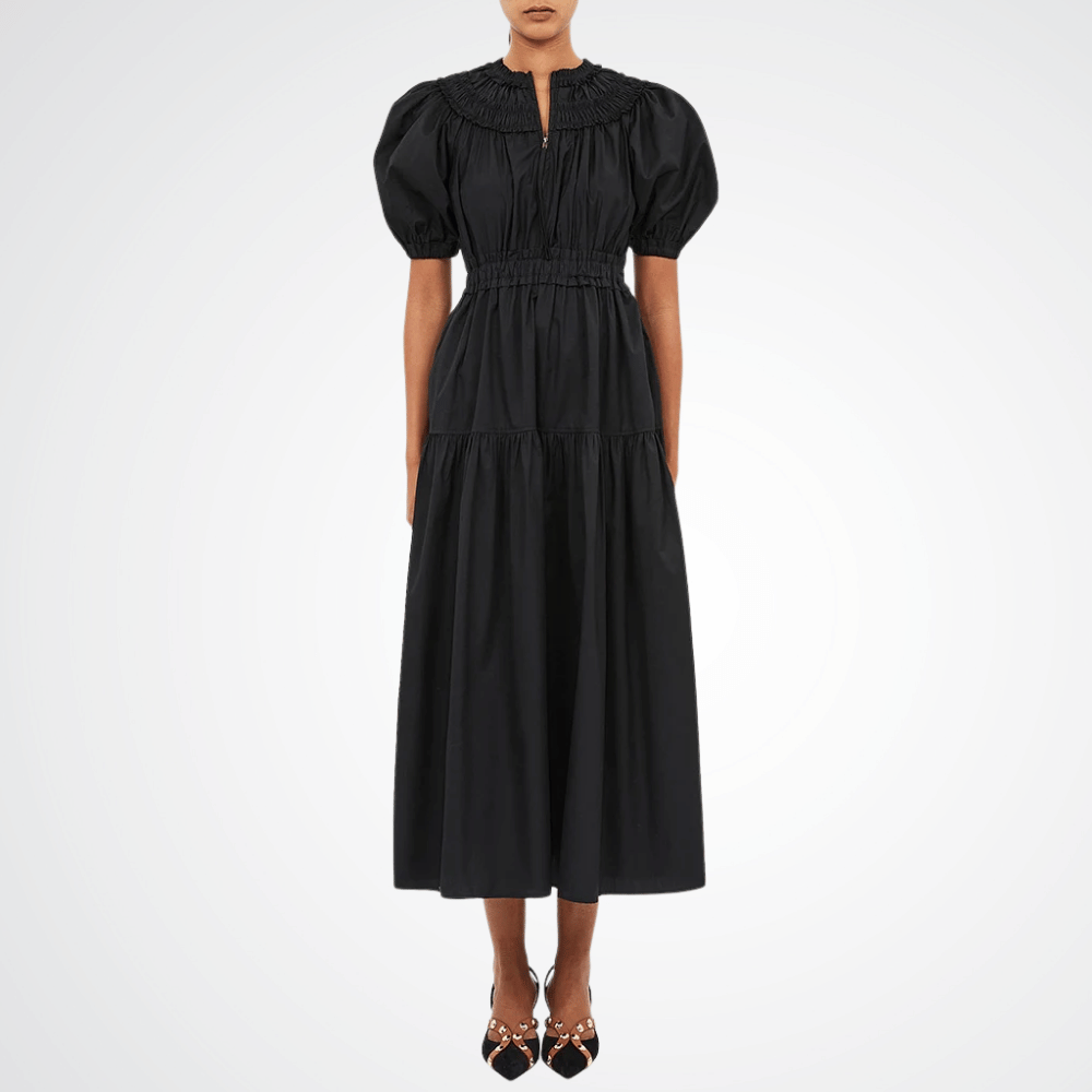 Ulla Johnson Othella Short Sleeve Midi Dress in Noir – luxury black cotton midi dress with puffed sleeves, Available instore and online at Riada Concept, Woollahra Sydney’s destination for a curated selection of international luxury brands