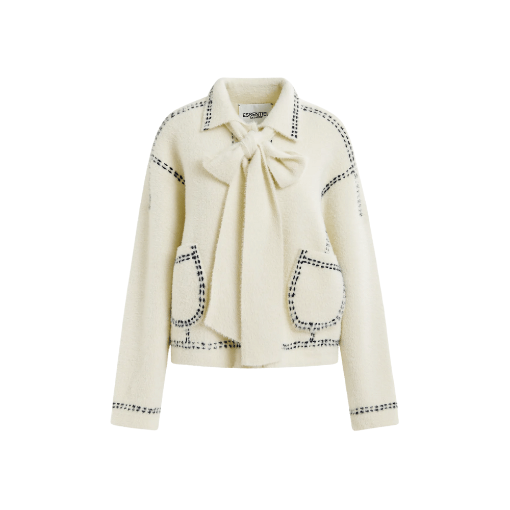 Essentiel Antwerp Oversized Knit Scarf-Cardigan with Contrast Stitching in White ESSENTIEL ANTWERP Designer fashion shop online and in store High End fashion boutique Sydney Australia Riada Concept