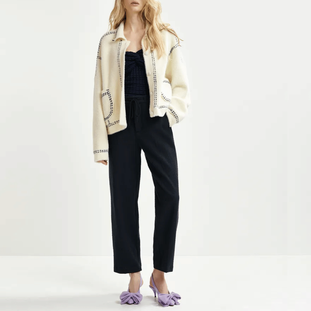 Essentiel Antwerp Oversized Knit Scarf-Cardigan with Contrast Stitching in White ESSENTIEL ANTWERP Designer fashion shop online and in store High End fashion boutique Sydney Australia Riada Concept