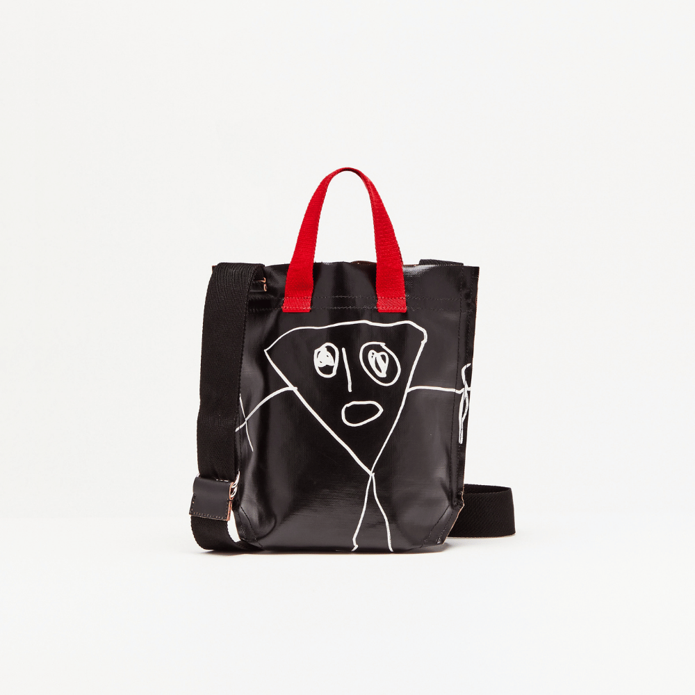 Plan C Pili & Bianca Mini Shopper Bag in Black with white character artwork, red handles and black shoulder strap