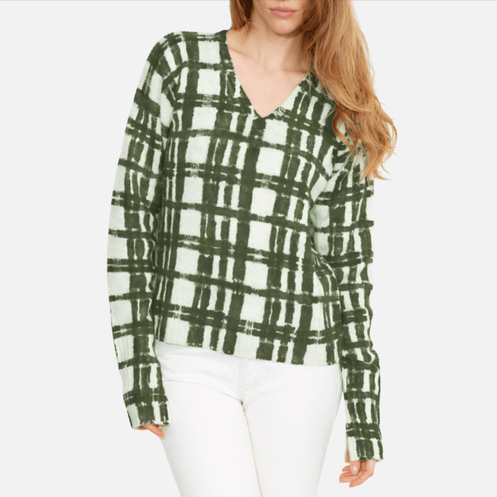 Printed Artworks Cashmere V-Neck Sweater in Green Graphic Print