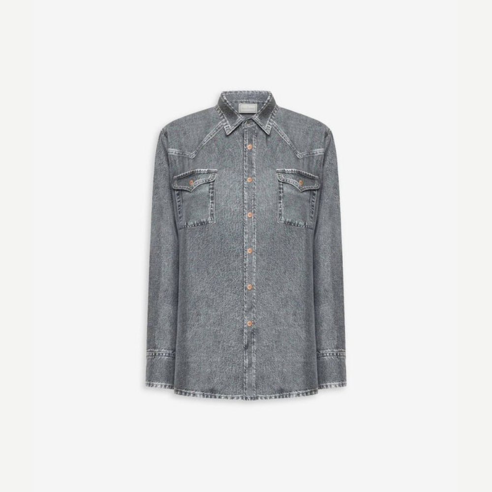 ALOE Black Denim Faux-Denim Silk Long Sleeve Shirt