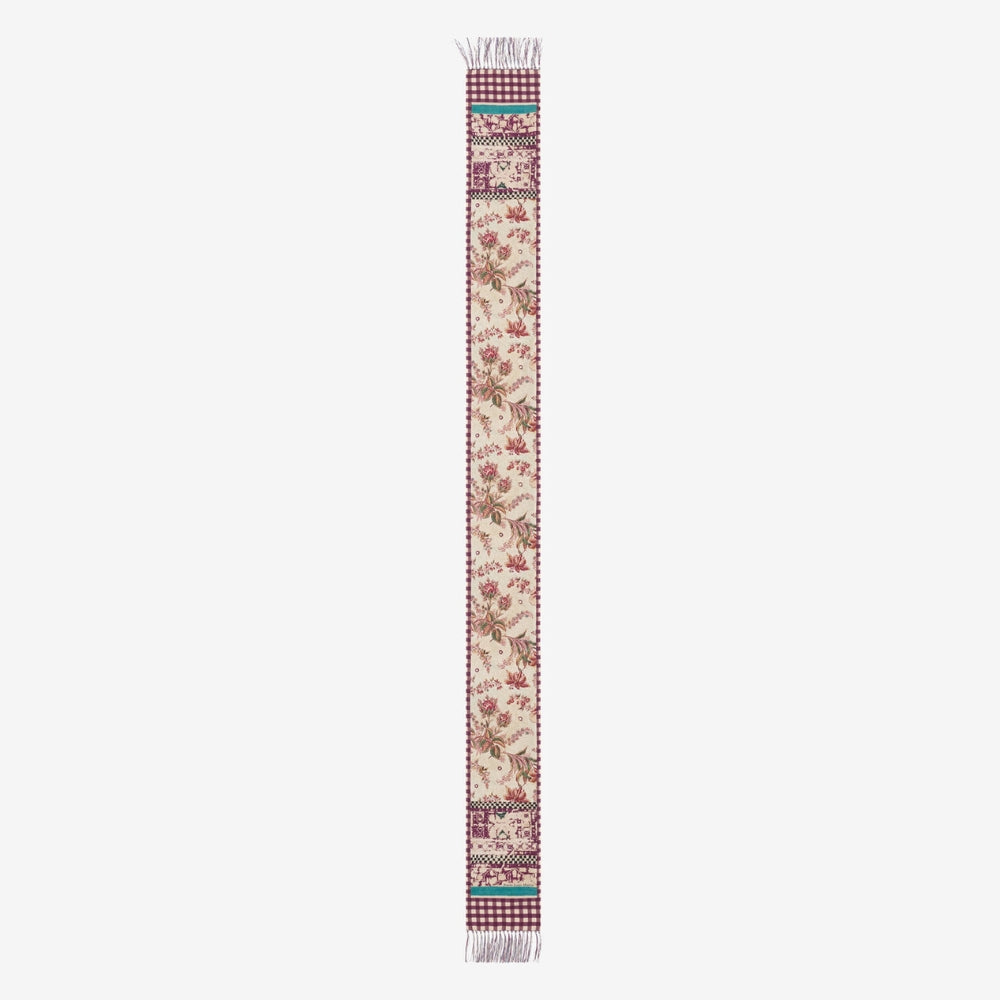Riada Concept Pierre-Louis Mascia skinny silk scarf with plum florals on cream, gingham-check ends and knotted fringe. Tie it at the neck, as a belt or in the hair
