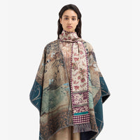 Riada Concept Pierre-Louis Mascia skinny silk scarf with plum florals on cream, gingham-check ends and knotted fringe - model front view