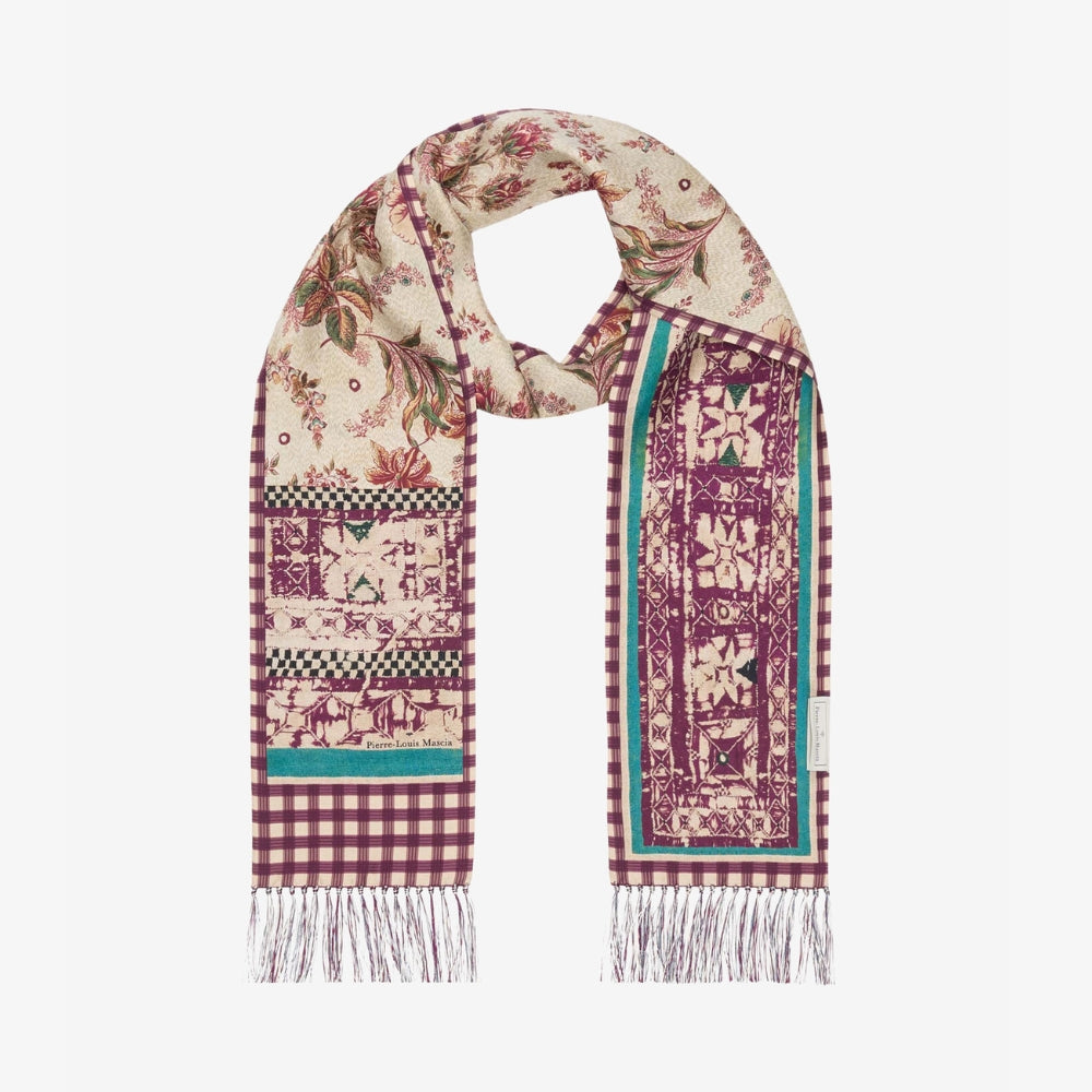 Riada Concept Pierre-Louis Mascia skinny silk scarf with plum florals on cream, gingham-check ends and knotted fringe. Tie it at the neck, as a belt or in the hair