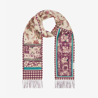 Riada Concept Pierre-Louis Mascia skinny silk scarf with plum florals on cream, gingham-check ends and knotted fringe. Tie it at the neck, as a belt or in the hair