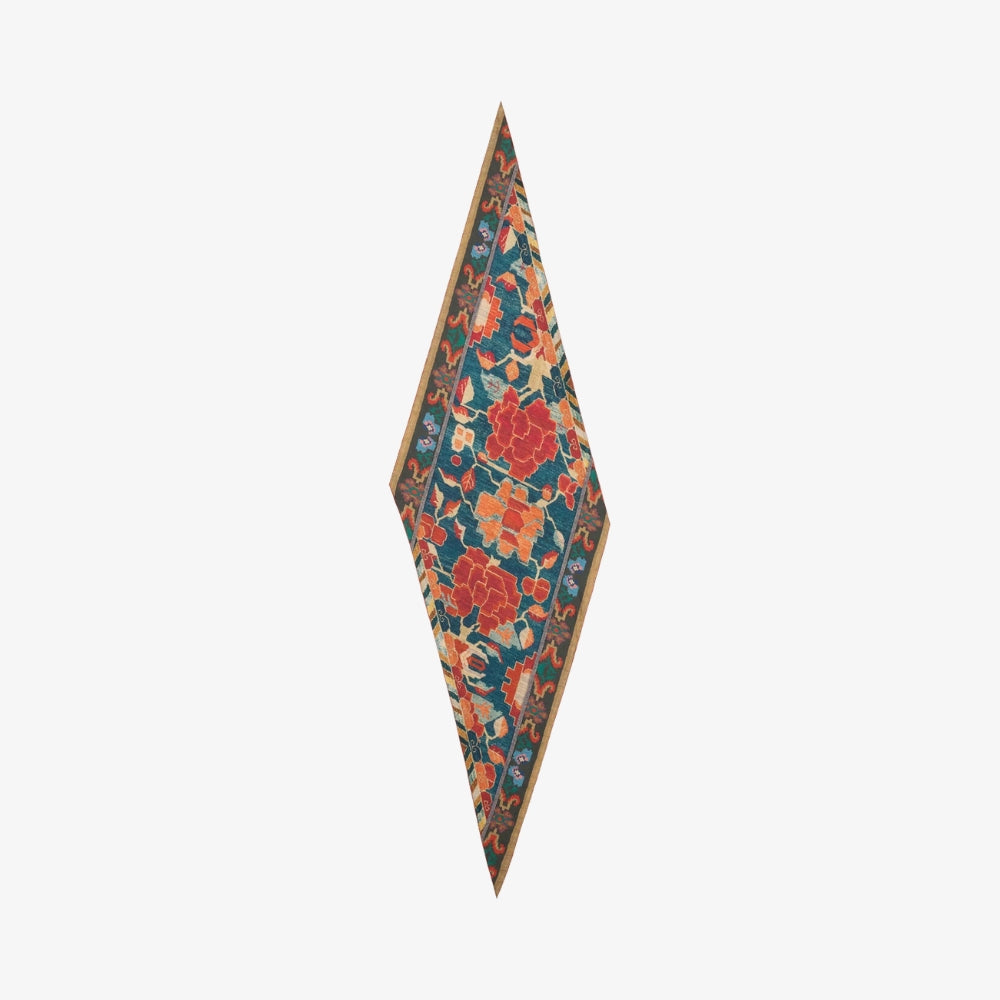 Riada Concept Pierre-Louis Mascia silk diamond scarf with red and orange florals on deep teal-blue and a gold-edged border. Made in Italy.