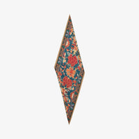 Riada Concept Pierre-Louis Mascia silk diamond scarf with red and orange florals on deep teal-blue and a gold-edged border. Made in Italy.