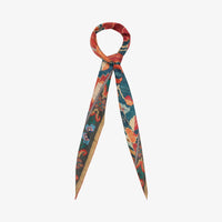 Riada Concept Pierre-Louis Mascia silk diamond scarf with red and orange florals on deep teal-blue and a gold-edged border. Made in Italy.