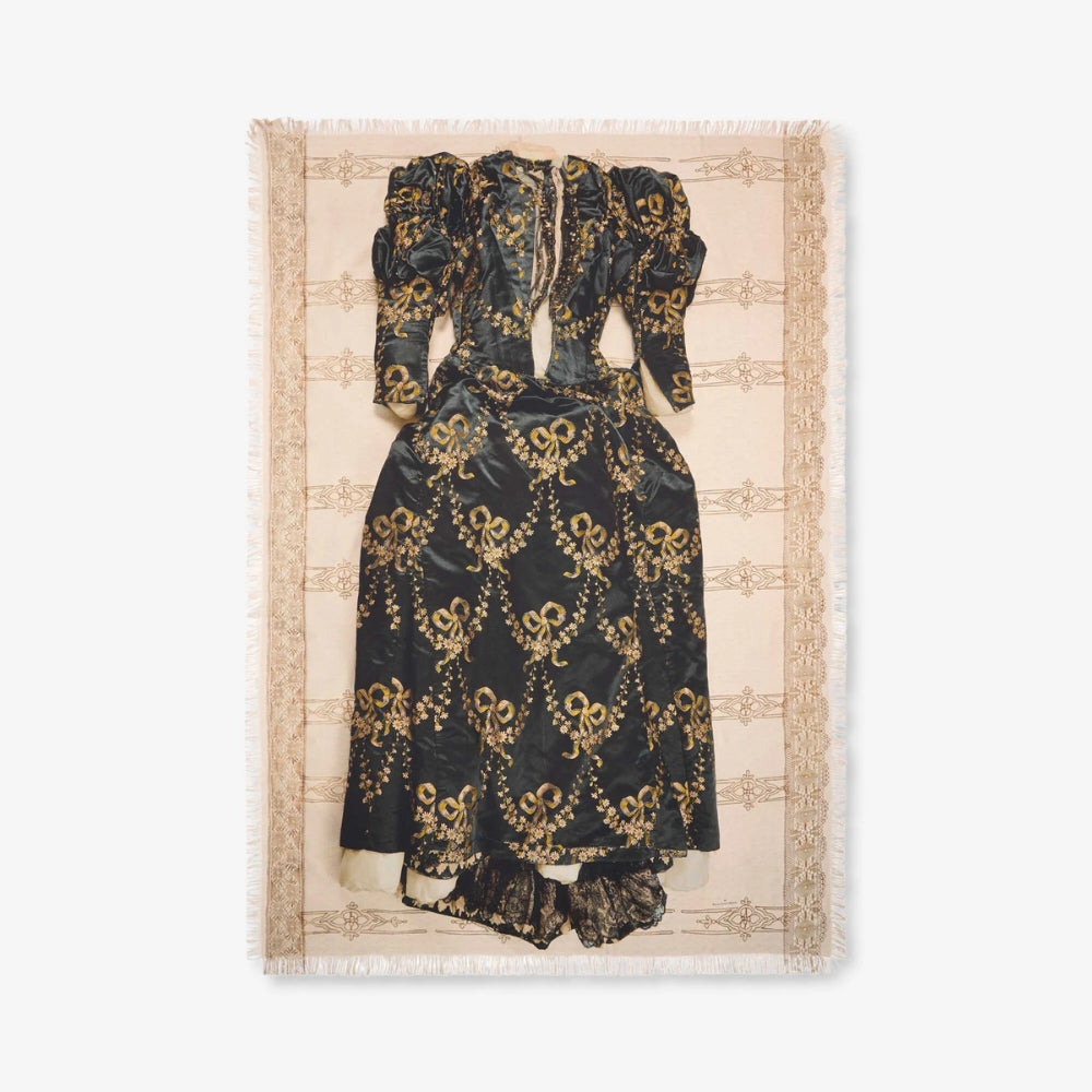 Riada Concept Pierre-Louis Mascia silk shawl printed with an antique black and gold embroidered gown on cream, with gold borders and a fringed edge. Made in Italy