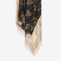 Riada Concept Pierre-Louis Mascia silk shawl printed with an antique black and gold embroidered gown on cream, with gold borders and a fringed edge. Made in Italy - close up