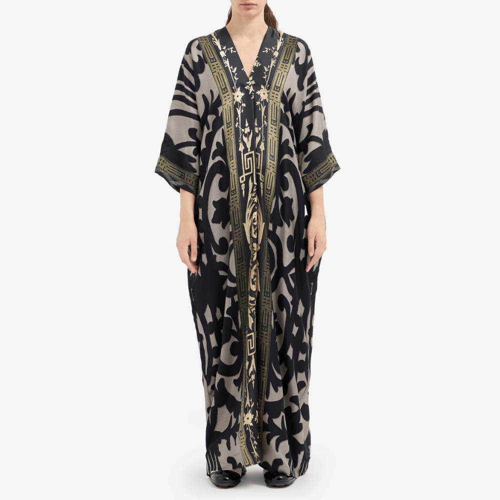 Pierre-Louis Mascia Aloe Silk Kaftan Dress in Black, Olive and Gold Baroque Print PIERRE LOUIS MASCIA designer fashion online or in-store at Riada Concept, Sydney’s high-end fashion boutique in Australia.